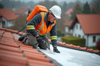 Ouvrier appliquant un produit d'étanchéité sur un toit rouge