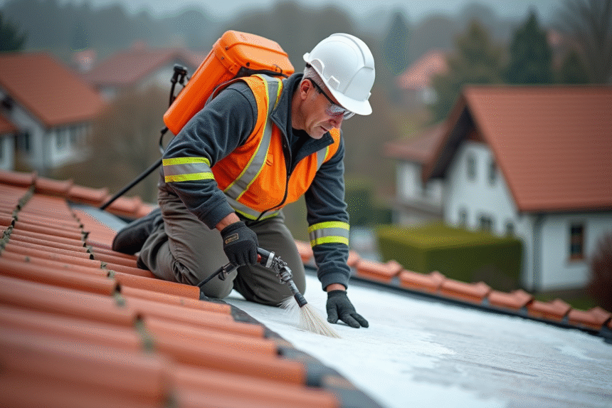 Ouvrier appliquant un produit d'étanchéité sur un toit rouge