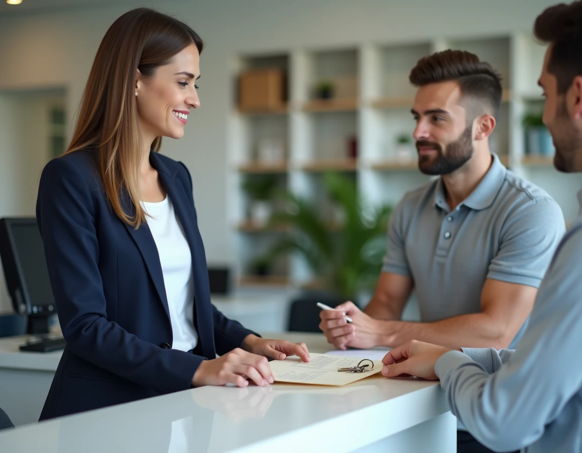 Locataire déposant une lettre de remise des clés et une enveloppe à un comptoir d'agence immobilière