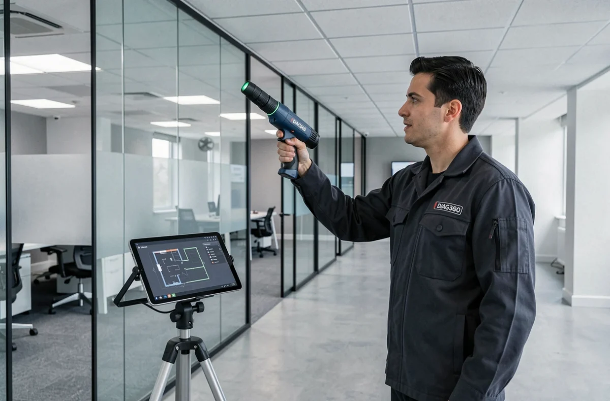 Technicien DIAG360 mesurant la superficie d'un bureau moderne avec un laser de précision
