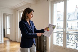 Femme consultant un diagnostic de performance énergétique dans un appartement haussmannien parisien
