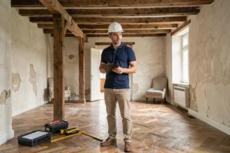 Un diagnostiqueur immobilier professionnel inspectant un appartement ancien dans le Nord de la France