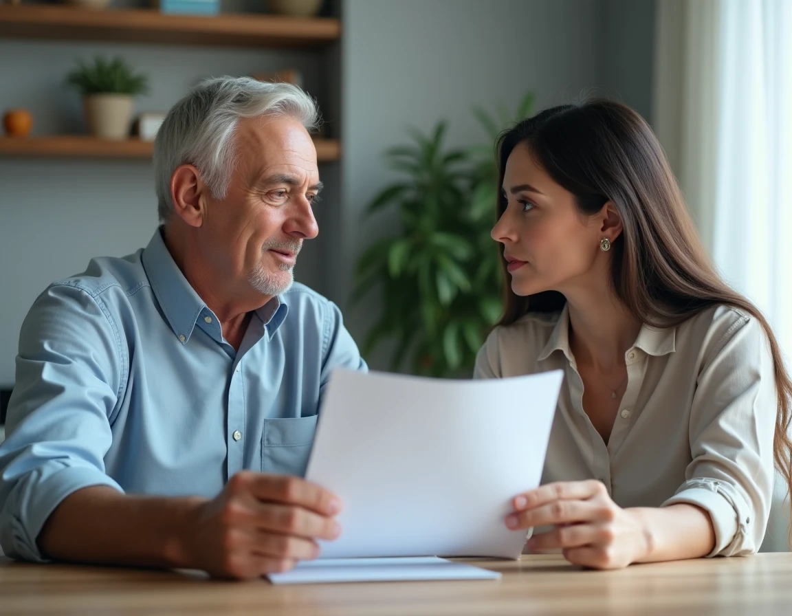 Père et fille adulte discutant calmement d'une lettre de fin de caution locative autour d'une table dans un appartement moderne