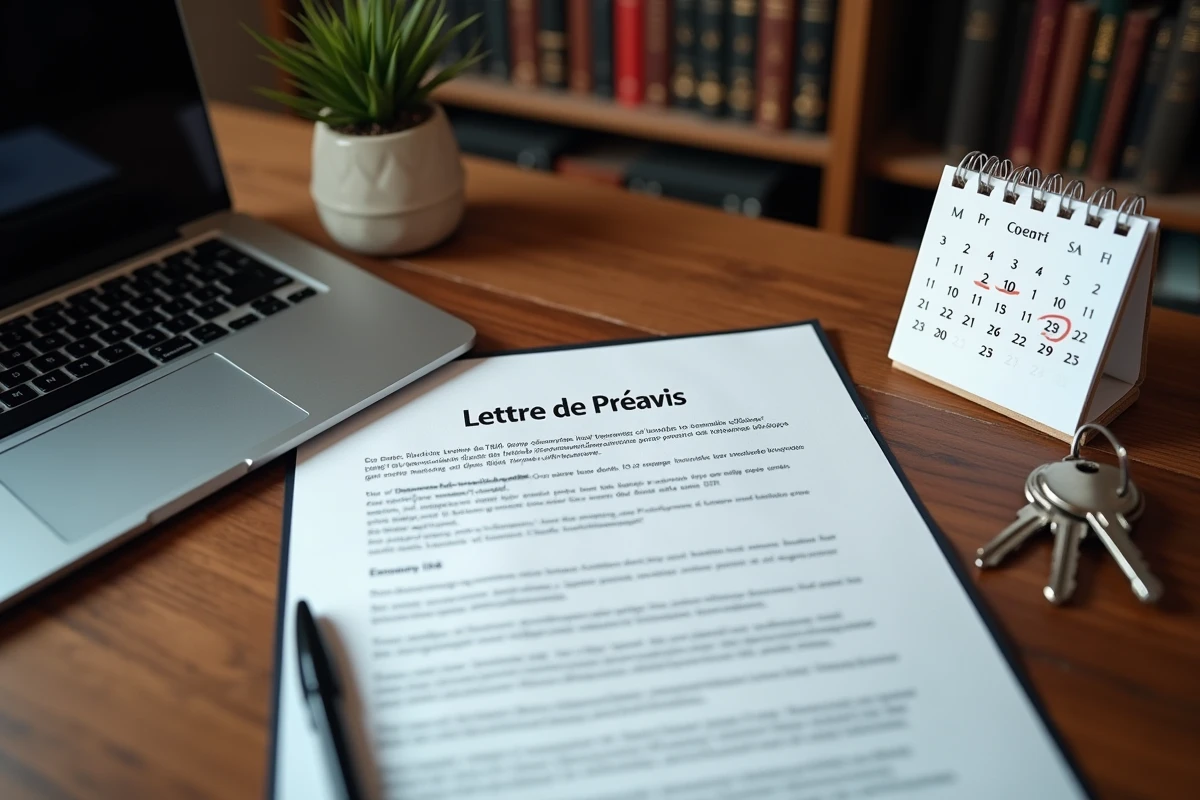 Document de lettre de préavis posé sur un bureau avec des clés d'appartement et un calendrier avec une date entourée pour illustrer les délais légaux de départ