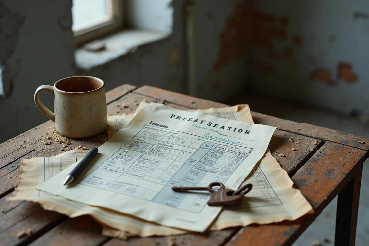 Documents d'estimation immobilière et clés anciennes sur une table poussiéreuse dans une maison abandonnée à vendre