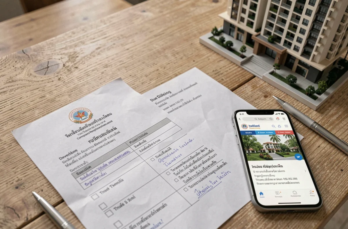 Vue en plongée des documents de vérification d'un promoteur immobilier thaïlandais incluant certificats, checklist de due diligence et site du département foncier
