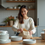 Femme emballant des assiettes en céramique dans une cuisine moderne