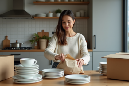 Femme emballant des assiettes en céramique dans une cuisine moderne