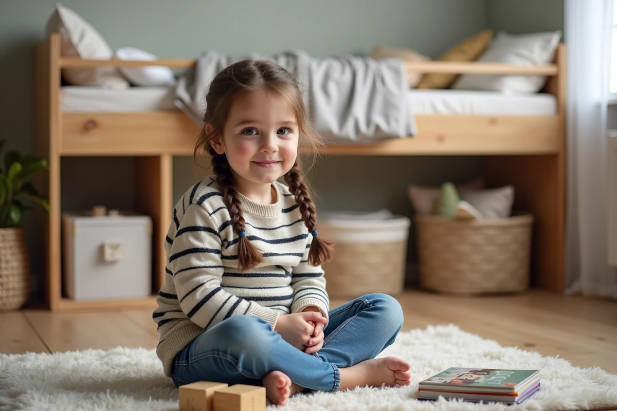 Petite fille jouant sur un tapis dans une chambre d'enfant optimisée avec lit mezzanine et bureau intégré