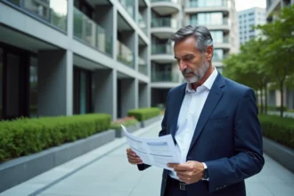 Agent immobilier analysant une estimation de bien de prestige devant un immeuble de luxe moderne