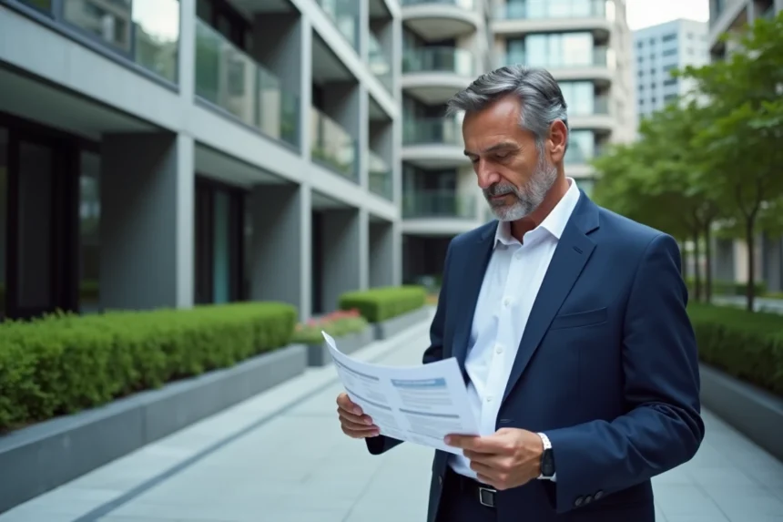 Agent immobilier analysant une estimation de bien de prestige devant un immeuble de luxe moderne