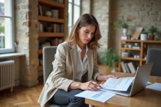 Femme consultant une estimation de loyer pour un appartement lyonnais en 2026 sur ordinateur portable
