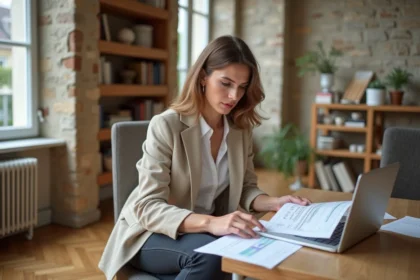Femme consultant une estimation de loyer pour un appartement lyonnais en 2026 sur ordinateur portable