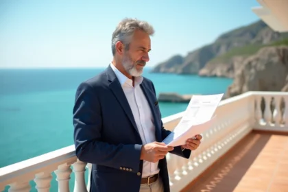 Agent immobilier évaluant le prix d'un appartement vue mer sur un balcon méditerranéen