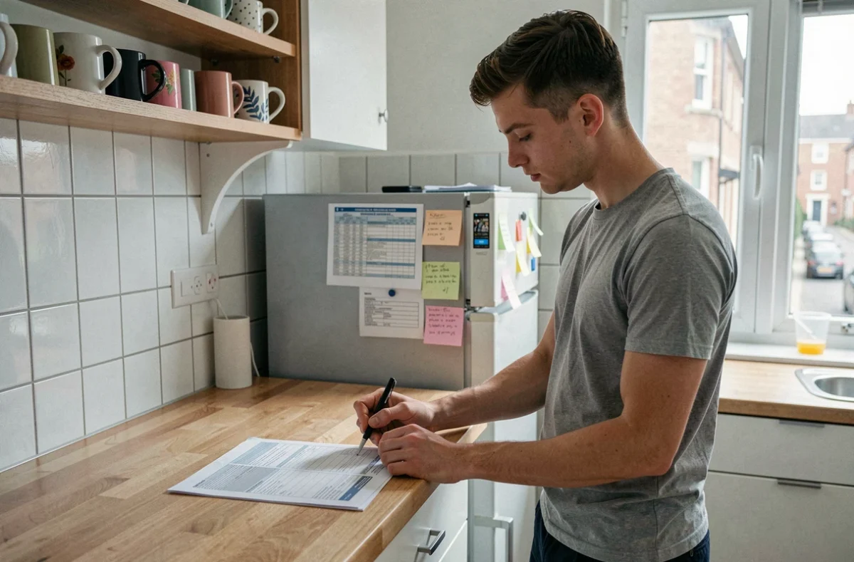 Étudiant remplissant un formulaire d'assurance habitation dans la cuisine d'un appartement en colocation