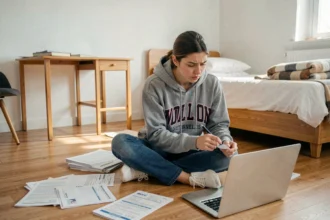Étudiante comparant des offres d'assurance habitation pas cher sur son ordinateur portable dans un petit appartement étudiant