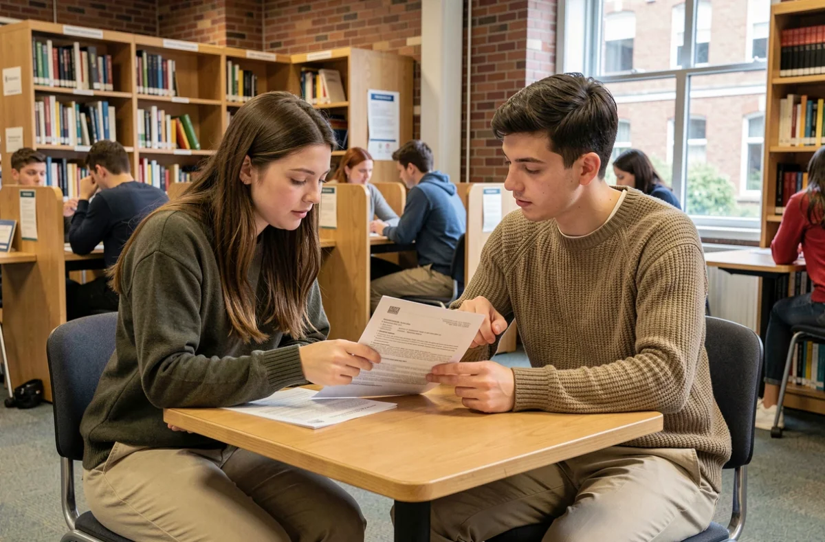 Deux étudiants analysant ensemble un contrat d'assurance habitation économique dans une bibliothèque universitaire