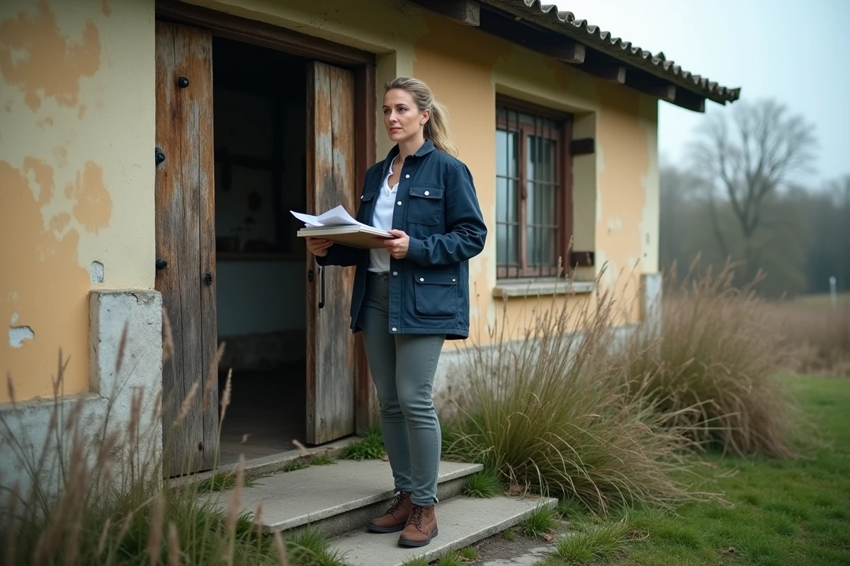 Femme évaluant l'état extérieur d'une maison abandonnée avec jardin envahi avant une décision d'achat immobilier