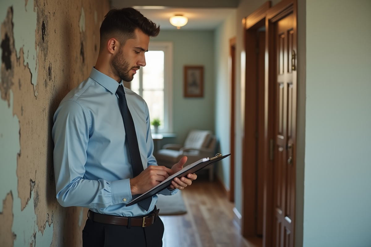 Expert en sinistre inspectant un mur endommagé par l