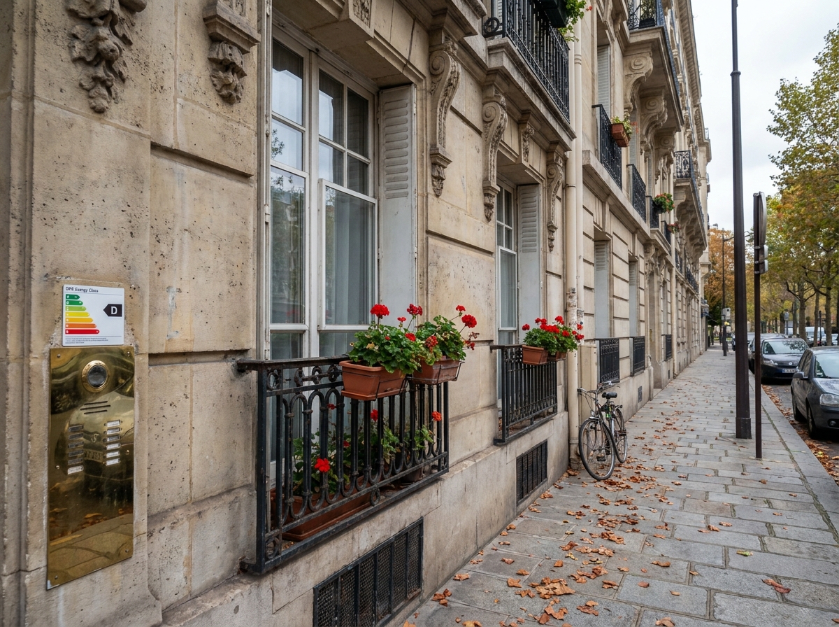 Facade d'immeuble parisien ancien avec étiquette DPE affiché près d'un interphone en pierre de taille