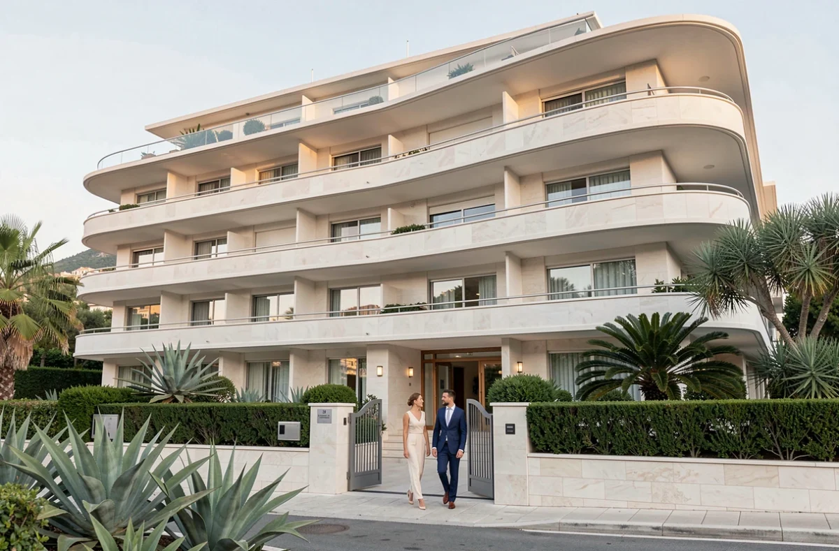 Façade d'un immeuble résidentiel de prestige à Monaco avec jardins méditerranéens et entrée sécurisée