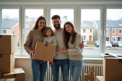 Famille heureuse dans un appartement en déménagement