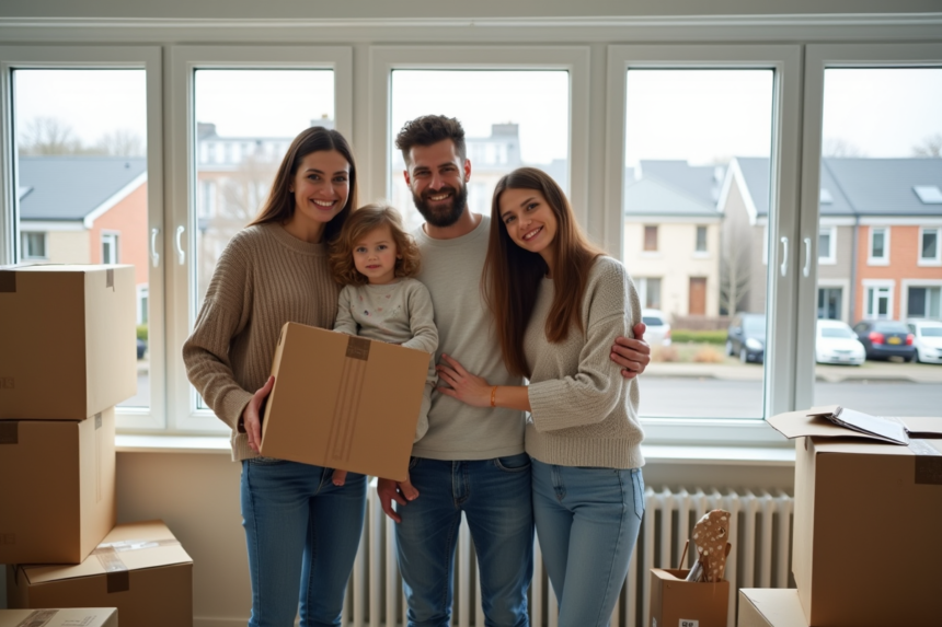 Famille heureuse dans un appartement en déménagement