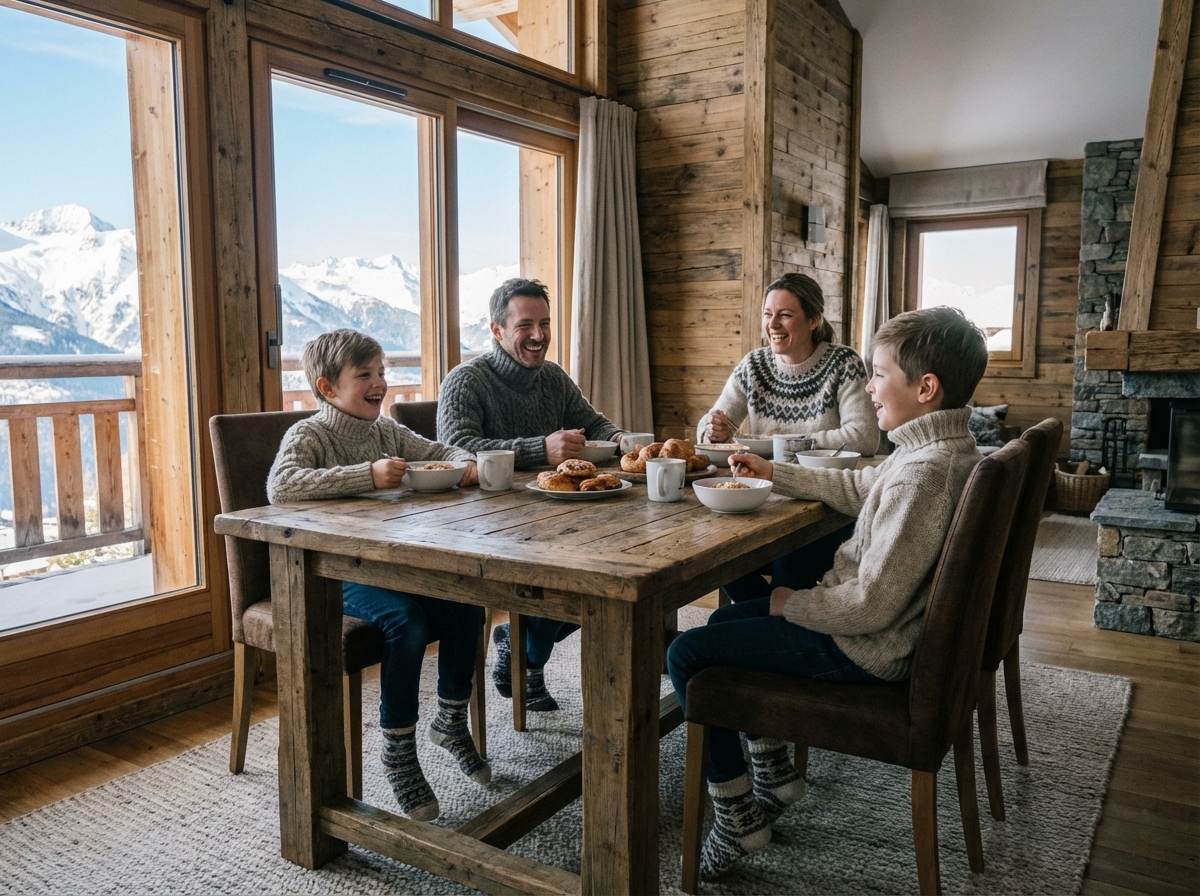 Famille souriante partageant un petit déjeuner dans un appartement alpin