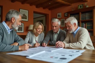 Famille réunie autour d'une table pour planifier leur retraite immobilière via une SCI familiale