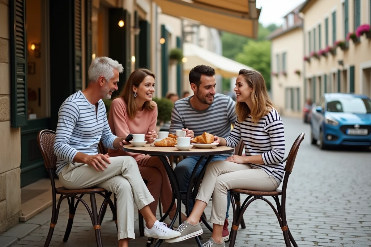 Famille attablée en terrasse dans le centre-ville de Maisons-Laffitte un jour de week-end