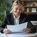 Femme d'affaires examinant des documents bancaires et hypothécaires