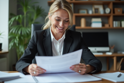 Femme d'affaires examinant des documents bancaires et hypothécaires