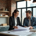 Femme en professionnel discutant plans dans un appartement moderne