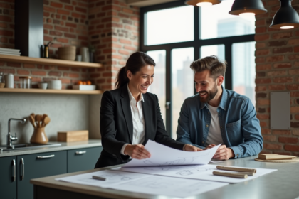Femme en professionnel discutant plans dans un appartement moderne
