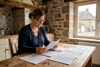 Femme consultant des documents d'assurance habitation dans une maison bretonne à Quimper