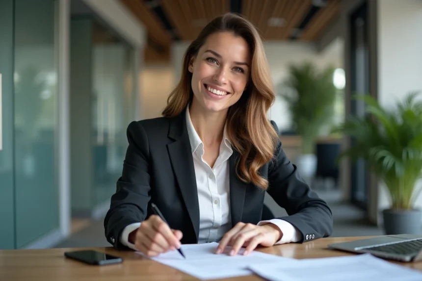 Femme d affaires en banque examinant des documents de prêt