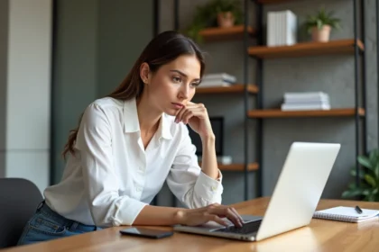 Femme utilisant une calculatrice en ligne dans un appartement moderne