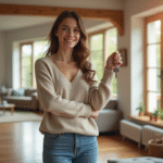 Femme souriante tenant des clés dans un salon lumineux