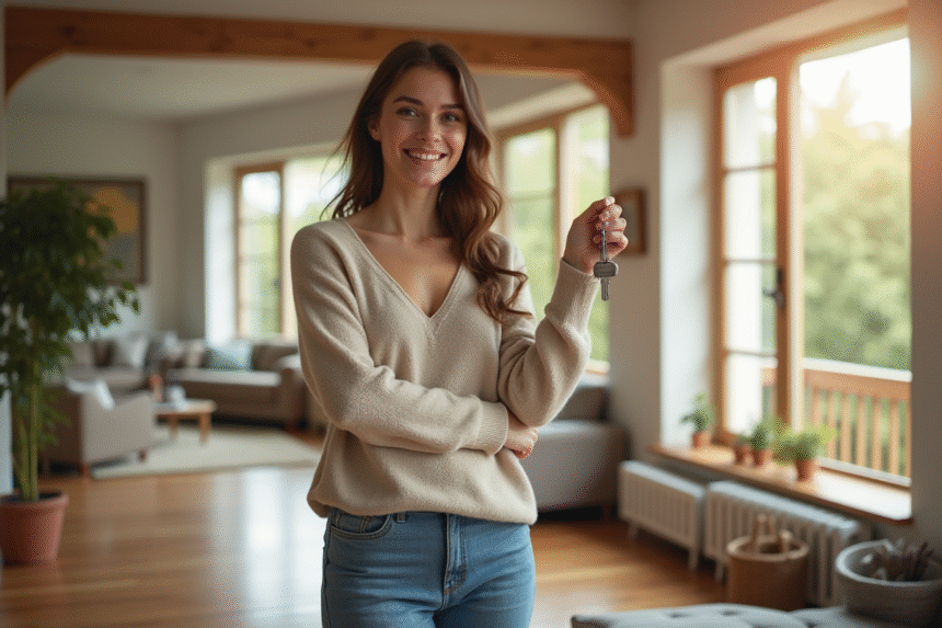 Femme souriante tenant des clés dans un salon lumineux