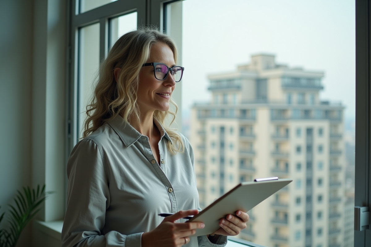 Femme regardant par la fenêtre d