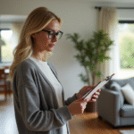 Femme en mid40s examinant un clipboard dans un salon moderne