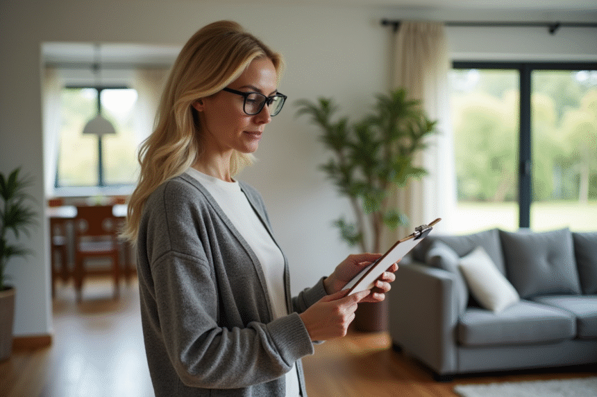 Femme en mid40s examinant un clipboard dans un salon moderne