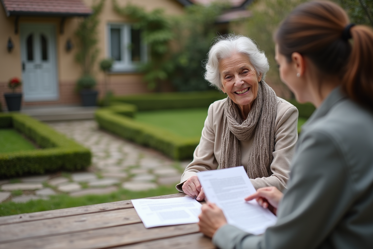 Femme âgée souriante consultant avec une conseillère dans un jardin