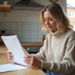 Femme d'âge moyen examine documents d'assurance maison