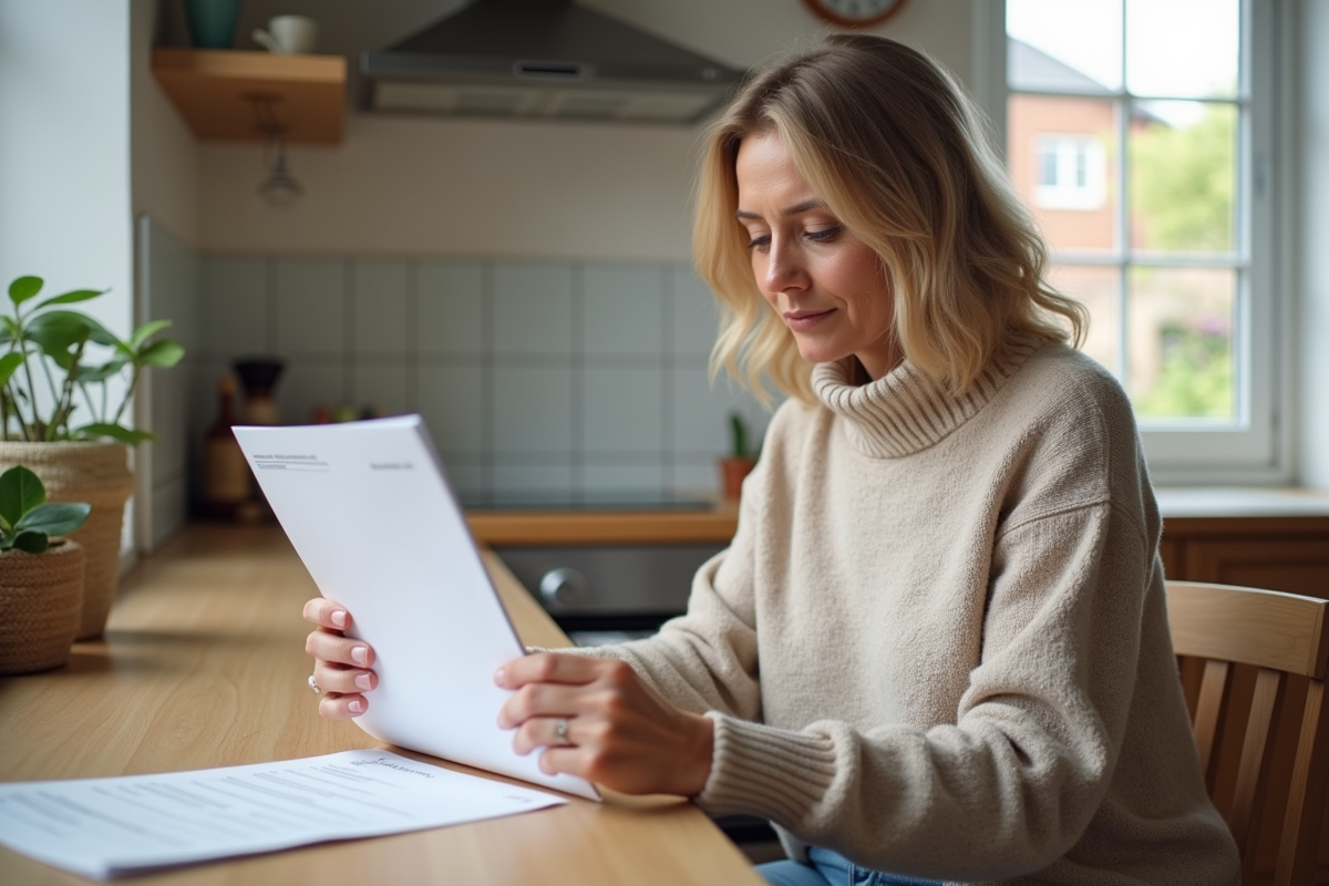 Femme d'âge moyen examine documents d'assurance maison