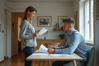 Femme d'âge moyen tenant un devis devant un appartement parisien