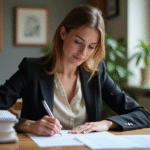Femme en blazer examinant un contrat de location dans un appartement lumineux