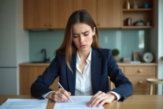 Jeune femme consulte un contrat de location dans son appartement