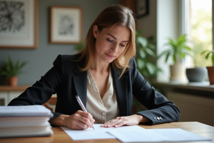 Femme en blazer examinant un contrat de location dans un appartement lumineux