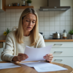 Femme examinant des papiers avec dégâts d'eau en cuisine